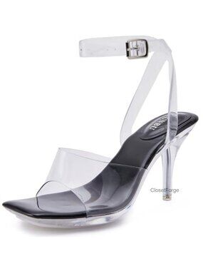 Clear Strappy Heels Platform Kitten Heel Sandals Evening Party Shoes Square Toe